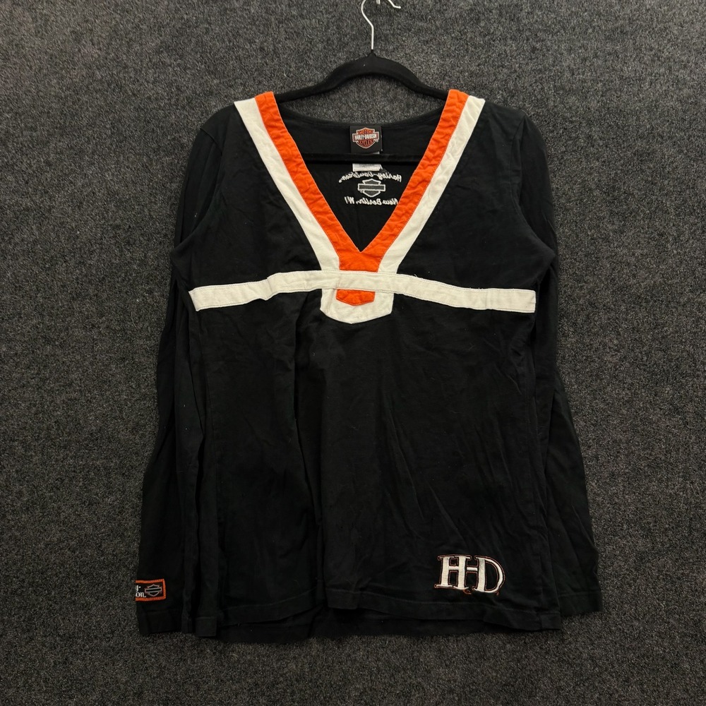 Vintage Harley-Davidson Womens XL Black Orange Long Sleeve V-Neck Shirt WI